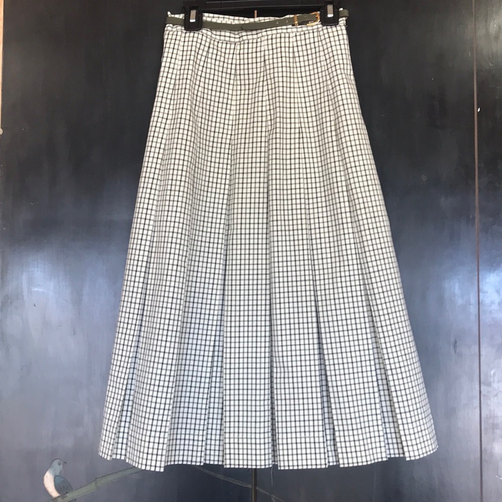 Long plaid skirt with olive and gold belt